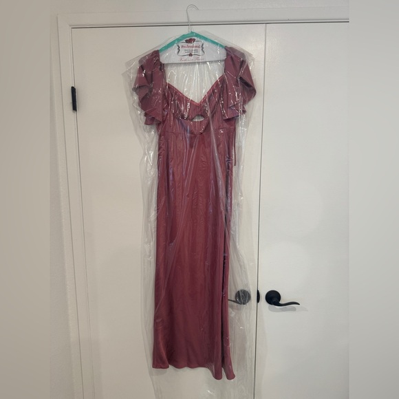 Satin Flutter Sleeve Midi Dress Mauve Pink Tie Back Wedding Guest – Size M - Picture 4 of 4